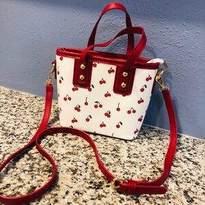 Cherry Print White and Red Women's Bag